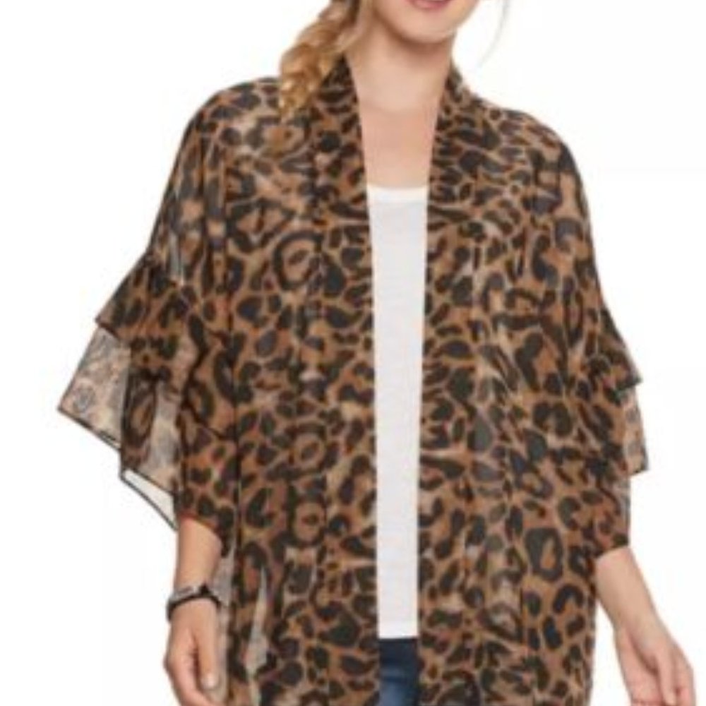 NEW kimono leopard ruffle sleeve  One Size